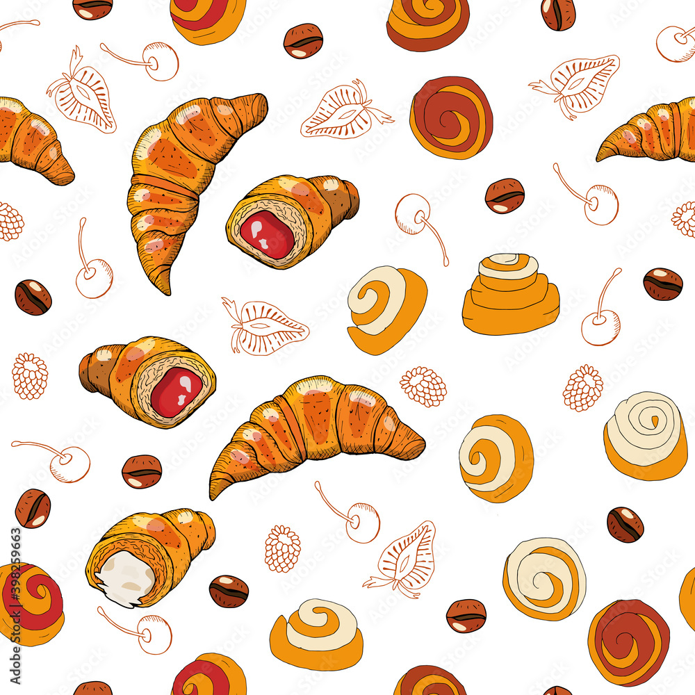 Hand drawn seamless pattern of croissants, berry and chocolate. Vector seamless horizontal pattern background. Hand drawn seamless pattern of croissants, berry and chocolate. Vector seamless horizontal pattern background.