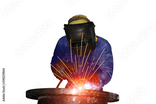 Welder is Welding with spark light isolated on white background. photo