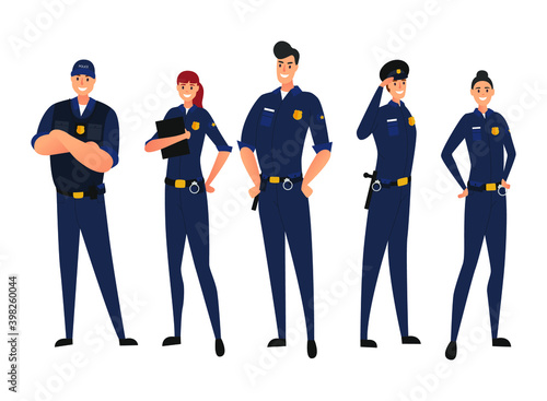 Police set in uniform isolated on white background. Police man and police woman, cops. Protection of citizens. Young law enforcement officers. Vector illustration
