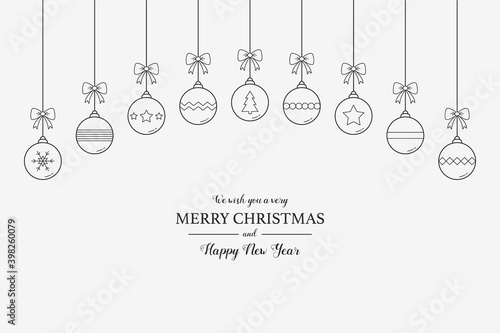 Christmas background with hanging baubles and wishes. Xmas greeting card with decorations. Vector