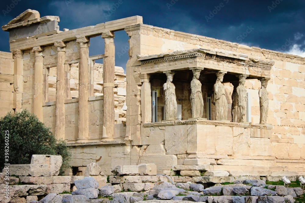 View of Erechtheio temple at the archaeological site of the Acropolis in Athens, Greece, February 5 2020.
