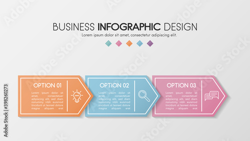 Colourful timeline infographic with 3 options. Flowchart. Vector
