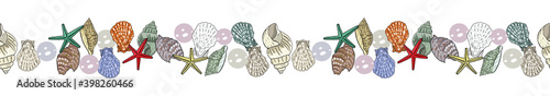 Endless border of marine elements and seashells. Isolated illustration on white