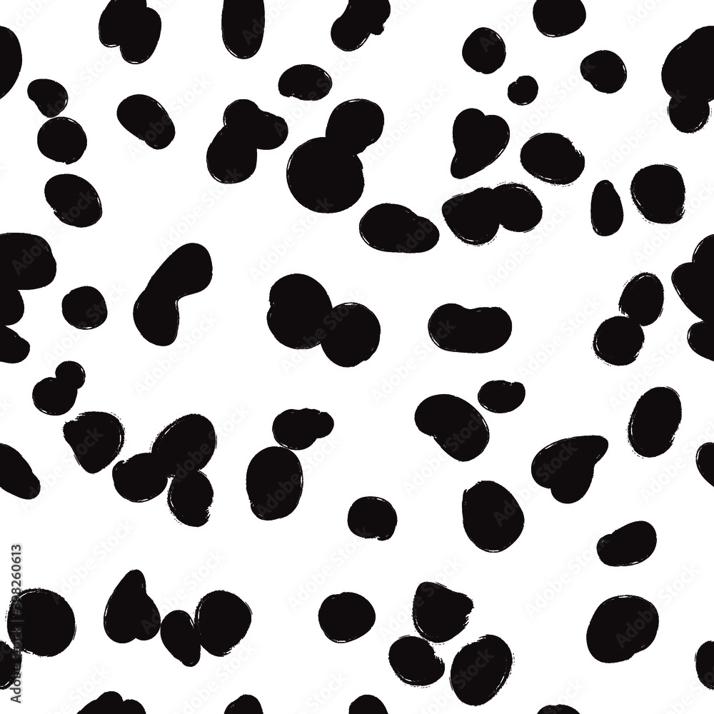 Animal seamless pattern, dalmatian skin vector background, black chaotic spots, with brush texture
Animal seamless pattern, dalmatian skin vector background, black chaotic spots, with brush texture