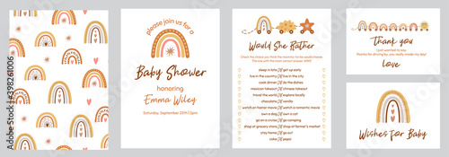 Baby shower templates set. Gender neutral invtation, thank you card, baby shower game, wishes for baby