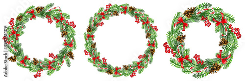 Vector christmas seamless border with mistletoe, spruce cone, spruce branches, poinsettia