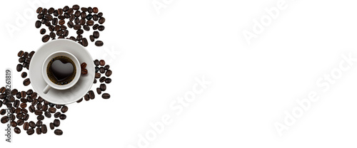 cup of hot espresso coffee and coffee beans on white table background. top view with copy space.