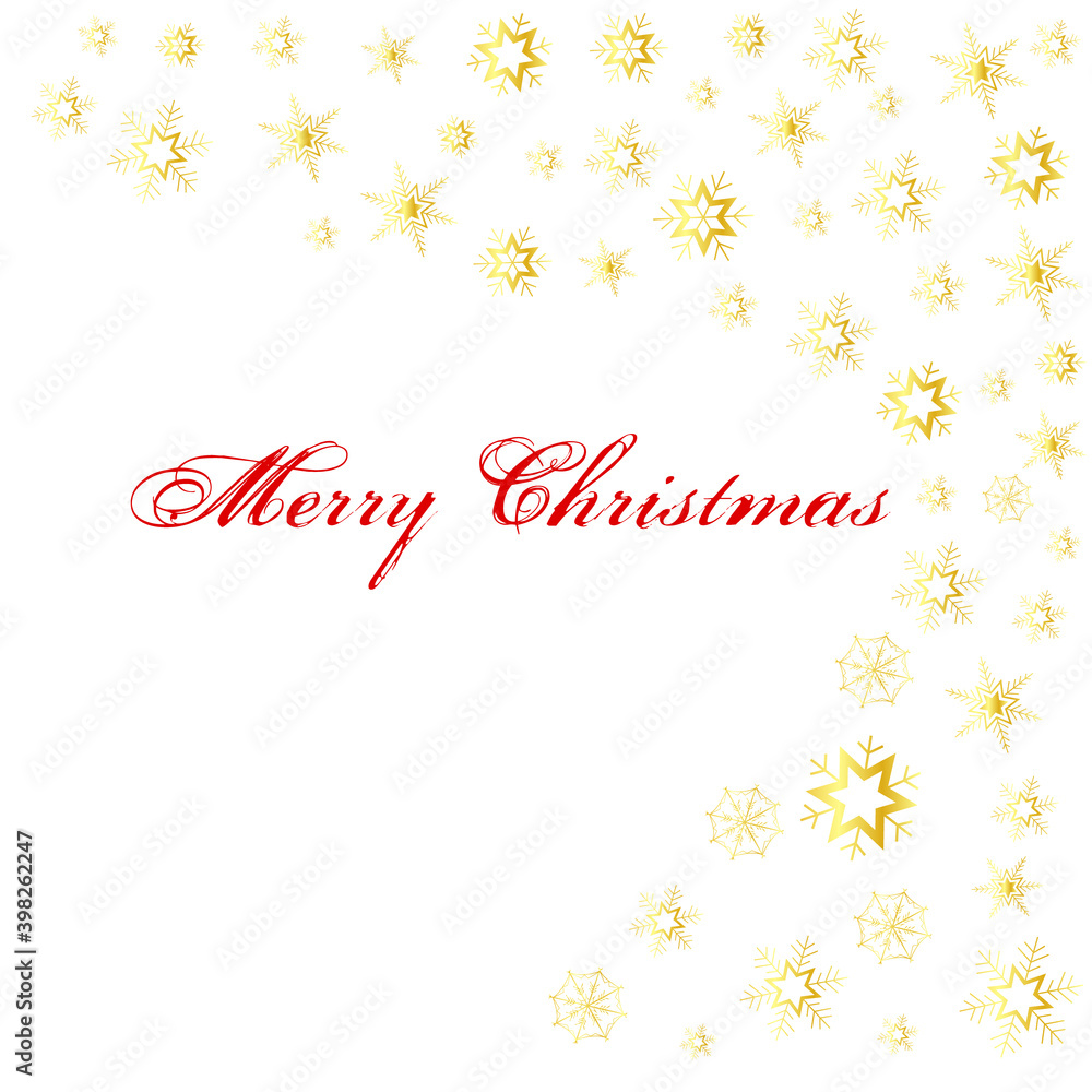 Postcard Merry Christmas with gold snowflakes on white background. Vector illustration