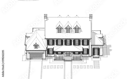 Fototapeta Naklejka Na Ścianę i Meble -  3d rendering of modern cozy classic house in colonial style with garage and pool for sale or rent with beautiful landscaping on background. Black line sketch with soft light shadows on white backgroun