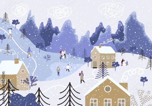 Holidays with the family outdoors. People walk in the fresh air on a winter vacation, skate, mold snigovika. Nice illustration for New Year and Christmas. Vector illustration