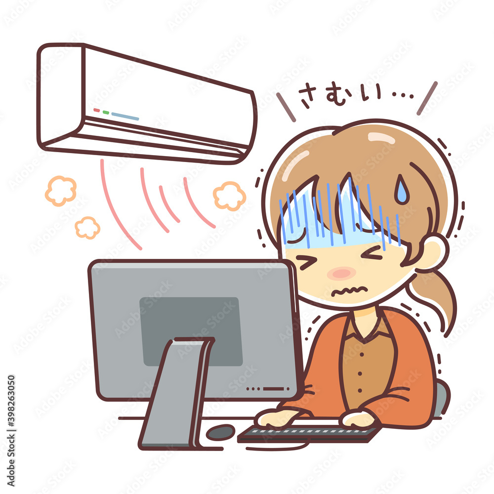 暖房が寒い女性のイラスト（パソコン・デスクワーク・エアコン）