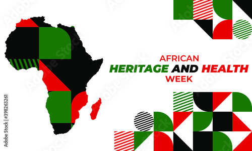 African Heritage and Health Week celebrates the foods, flavors and healthy cooking heritage of a traditional African diet. First Week in February. Poster, Template, Card, Banner, Design. Vector EPS 10