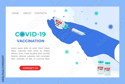 Anti Coronavirus disease COVID-19 infection medical vaccination Landing Page. Doctor hands in medical gloves with syringe and vaccine bottle. Prevention pandemic risk web banner. Vector illustration.
