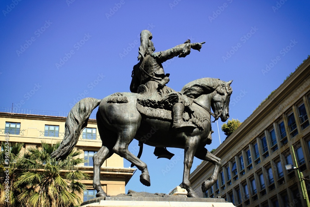 View of the statue of the General and Greek hero Theodoros Kolokotronis in Athens, Greece, March 12 2020.