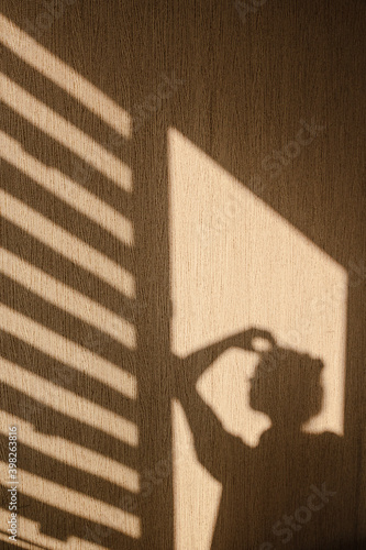 Silhouette of young woman thinking with her hand touching her head in the morning at home. Contrast window shadows on the wall. Aesthetic shade portrait. Lights and shades. Shade silhouette.