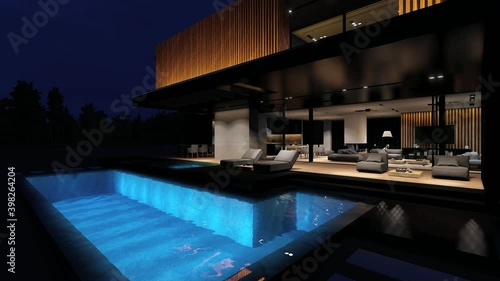 4K video rendering of modern cozy house with parking and pool for sale or rent with wood plank facade and beautiful landscaping on background. Clear summer night with many stars on the sky.