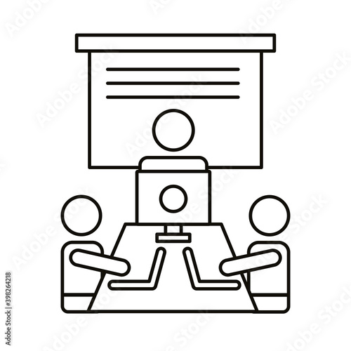 three workers with laptops and desktop coworking line style icon