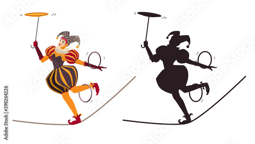 Female circus artist character in colorful suit and jester hat balancing on the rope and spinning plate and hoops and its' silhouette. Tightrope walker. Isolated on white. Cartoon vector illustration.