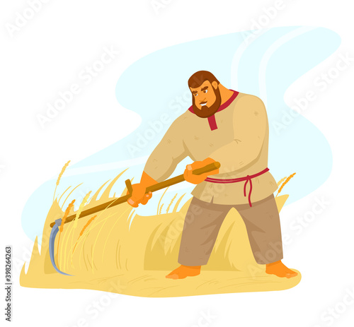 Authentic traditional strong peasant barefoot mows the grass with a hand scythe. Bogatyr in russian shirt character. Rural worker. Strong man. Harvesting rye. Cartoon vector illustration.