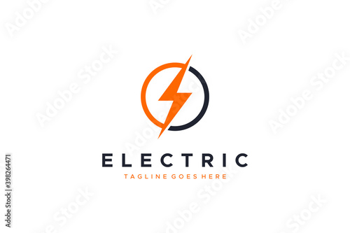 Initial Letter S Electricity Logo. Orange Thunderbolt Flash Icon with Circle Line Frame isolated on White Background. Use For Business and Technology Logos. Flat Vector Logo Design Template Element.