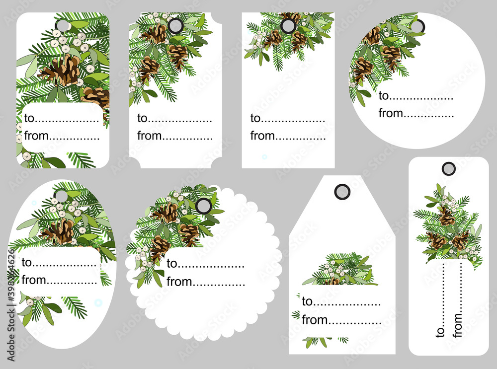 Set of Christmas and New Year tags. Blank and as a gift for a present. Paper festive labels. Flat design. Vector seasonal badge design.