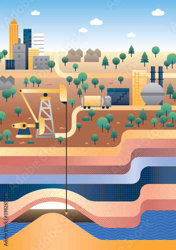 Oil industry scene with oil pump jack on the ground drill into stone layer underground foe extract petroleum ,Vector illustrate, illustration, graphic design