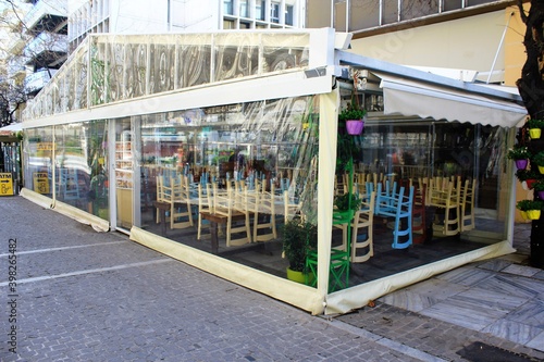 Closed restaurant due to Covid-19 Coronavirus lockdown - Athens, Greece, March 14 2020.