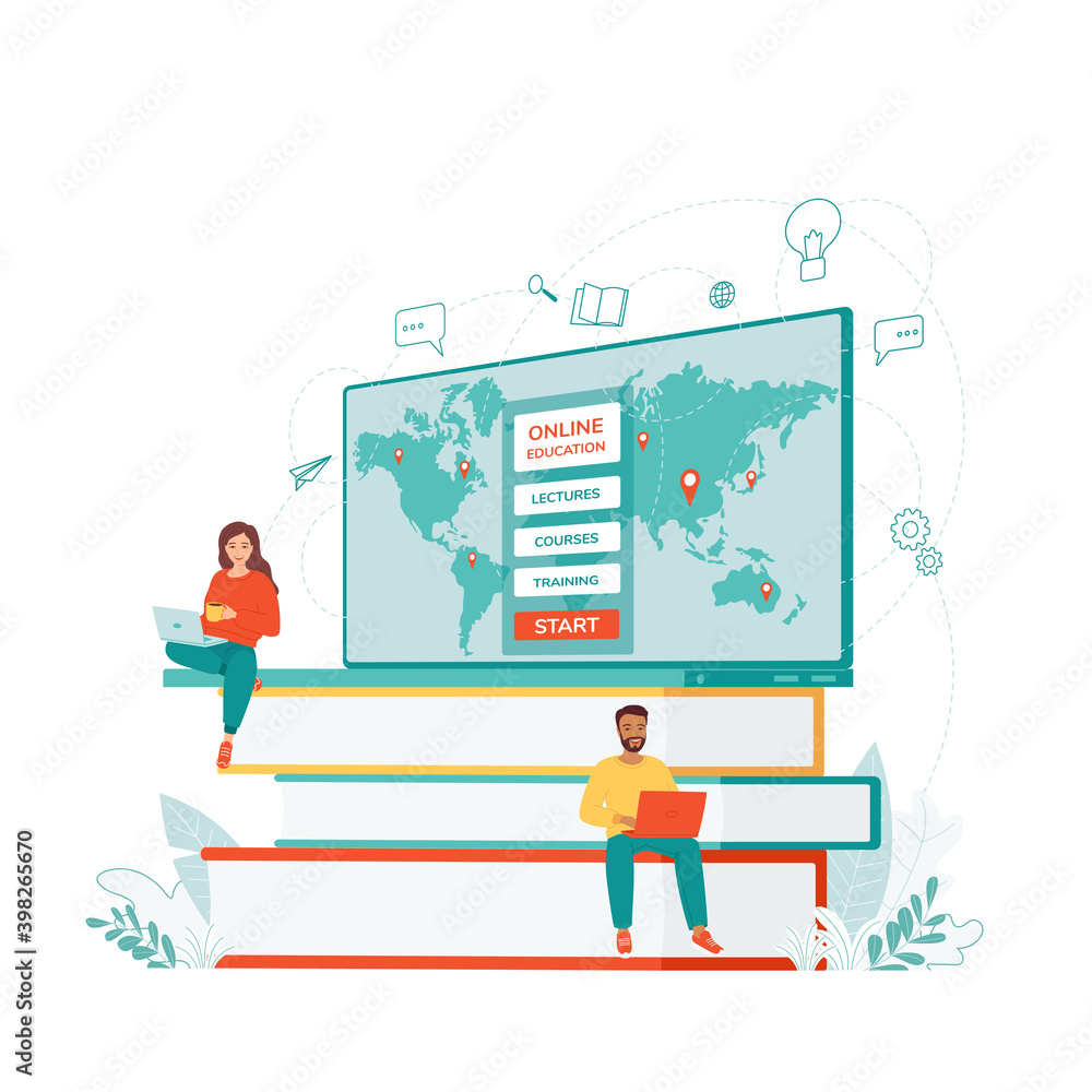 The concept of remote education, e-learning, courses, lectures. A laptop with a learning app is on a stack of books. Online students man and woman with laptop. Isolated vector illustrations