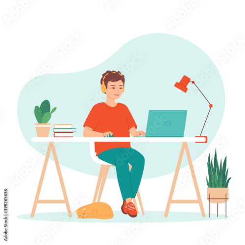 Schoolboy is study with computer at home. Boy in headphones sits at a computer table and doing homework online. Concept distance education. E-learning. Remote schooling. Isolated vector illustration 