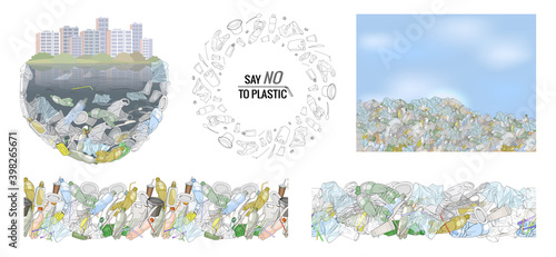 Vector hand drawn set of objects and seamless patterns with sorted plastic garbage isolated on white.