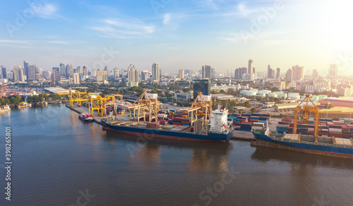  Aerial view from drone Logistics and transportation of Container Cargo ship and Cargo import/export , Business logistics concept,