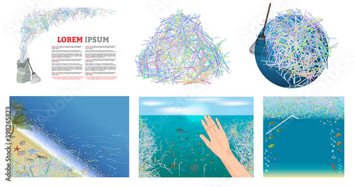 Environmental disaster of plastic debris in the city. Garbage on the coast in the ocean and in the sea.