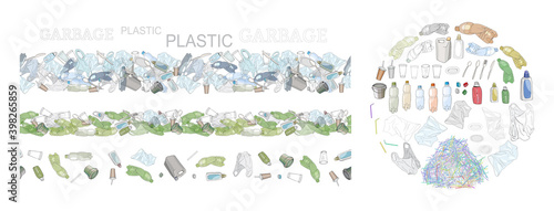 Vector hand drawn set of objects and seamless patterns with sorted plastic garbage isolated on white.
