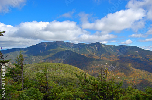 Franconia Notch with fall foliage and Mount Lafayette aerial view from top of the Cannon Mountain in Franconia Notch State Park in White Mountain National Forest  near Lincoln  New Hampshire NH  USA. 