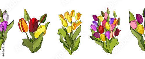 Beautiful Wild blooming tulip seamless pattern in a hand drawing style on white background, wrapper.