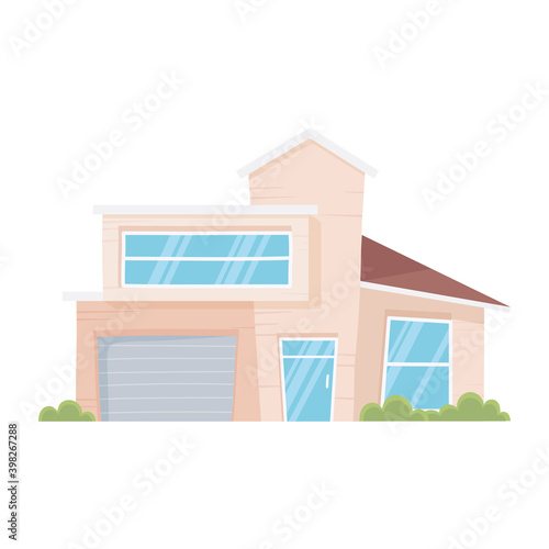 new home, modern house with garage and green lawn, exterior view