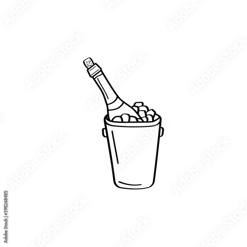 A bottle of champagne in an ice bucket. Hand-drawn champagne. Doodle element. Simple vector sketch illustration isolated on a white background