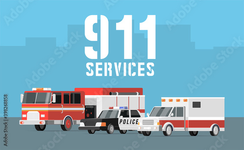Services cars vector icons. Ambulance, police, fire truck, illustration with place for text