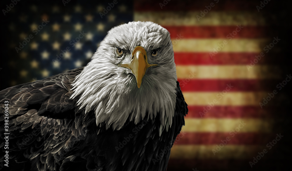 Naklejka premium American Bald Eagle on Grunge Flag