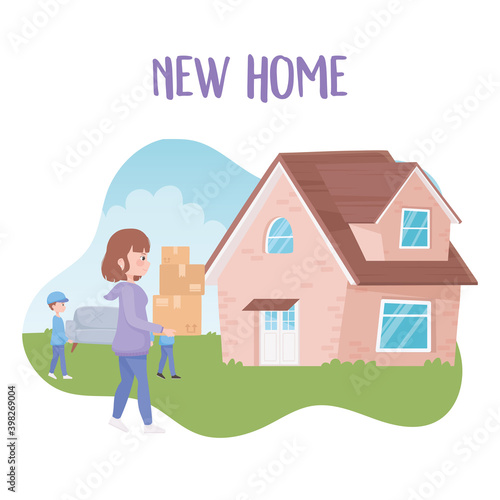 workers on moving house with sofa and woman carrying boxes in new home