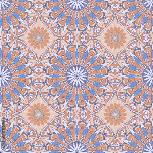 Ethnic tight vector pattern. Brown and blue flower mandalas, Ethnic draw