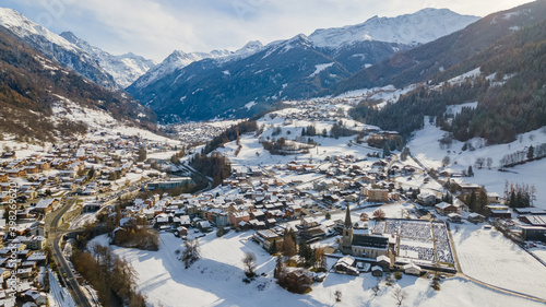 Snow-capped village of the Châble, Switzerland. 