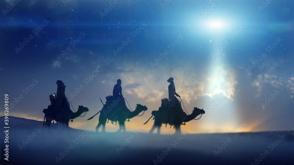 Christian Christmas scene with the three wise men and shining star, 3d render. Seamless 4K loop video animation