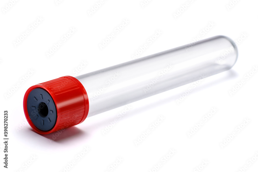 Test tube with red plug isolated on white background Test tube with red plug isolated on white background