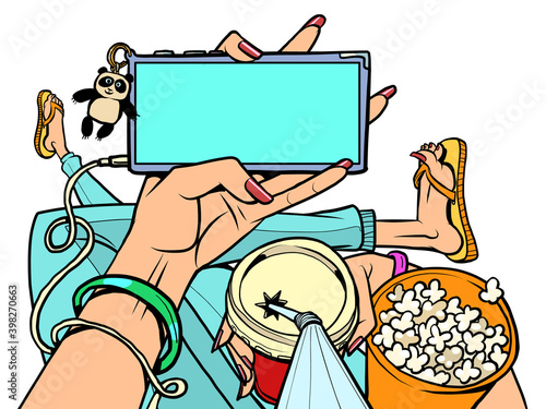 man with popcorn at home watching online movie theater. Home online movie theater, an online TV streaming video service