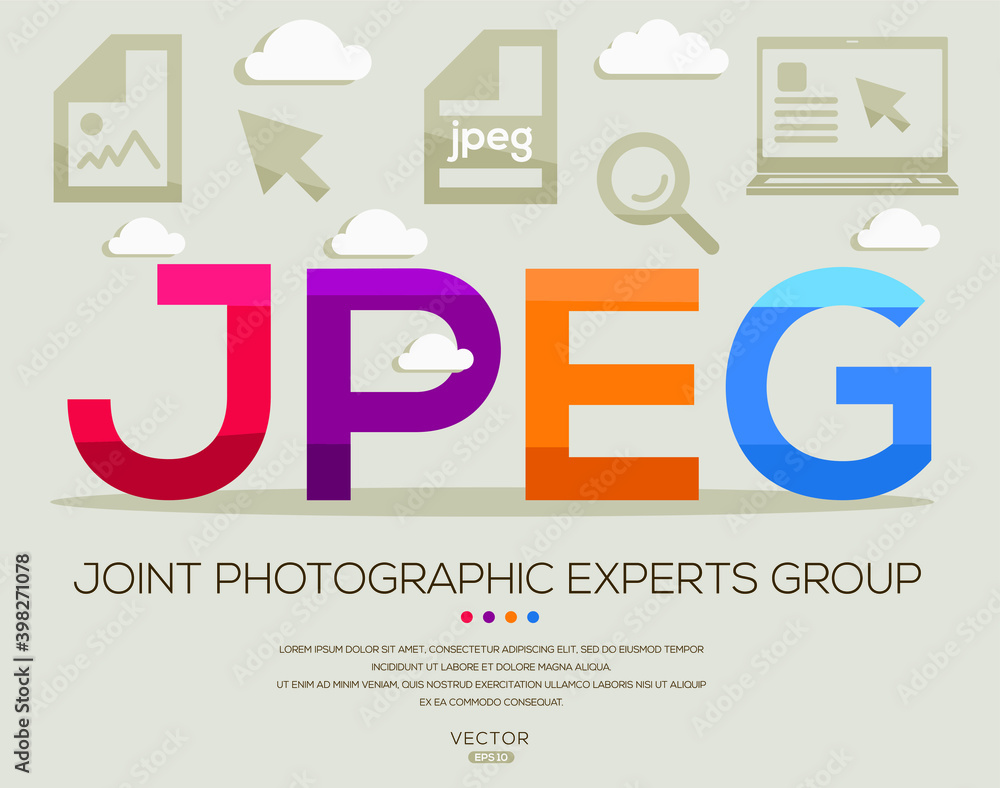 Fototapeta premium JPEG mean (Joint Photographic Experts Group) Computer and Internet acronyms ,letters and icons ,Vector illustration. 