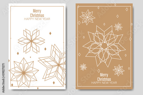 Golden Christmas cards set. Set of christmas new year winter holiday greeting cards with xmas decoration. Abstract trendy illustration in minimalist hand drawn flat style. Vector illustration
