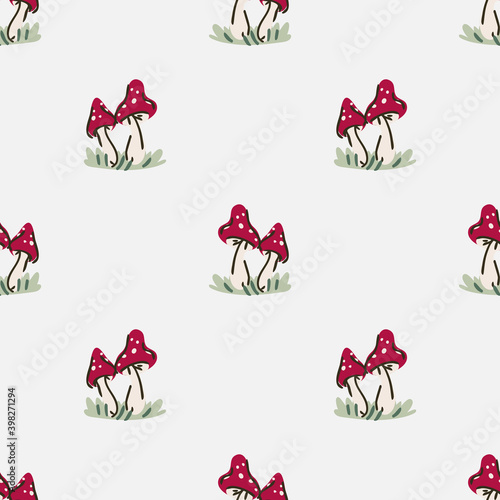 Cute gender neutral toadstool vector pattern. Fungi fly agaric home decor cartoon mushroom. Seamless boho poisonous mycology all over print. 