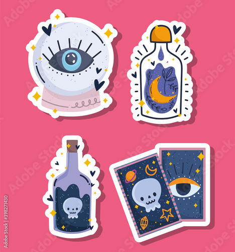 magic crystal ball tarot card and potion spell bottles stickers icon