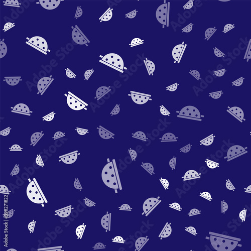 White Kitchen colander icon isolated seamless pattern on blue background. Cooking utensil. Cutlery sign. Vector.
